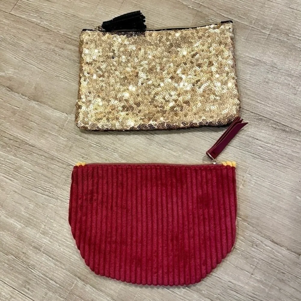 Ipsy Glam Bags Set of Two Gold Sequined & Black, Wine & Golden Yellow Velvety